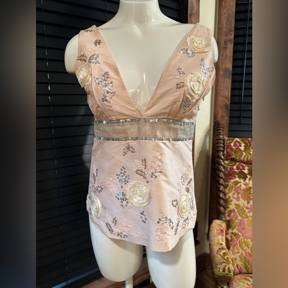 RARE~VINTAGE~ Empire Waist Light Pink Delicate Detailed Sequins And Rose Buds